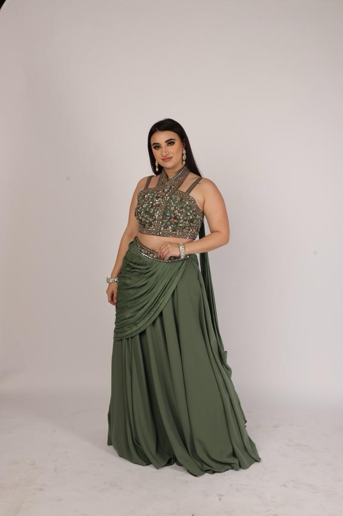 Glamorous Diva in Olive Green Draped Skirt with Cross Halter Bustier