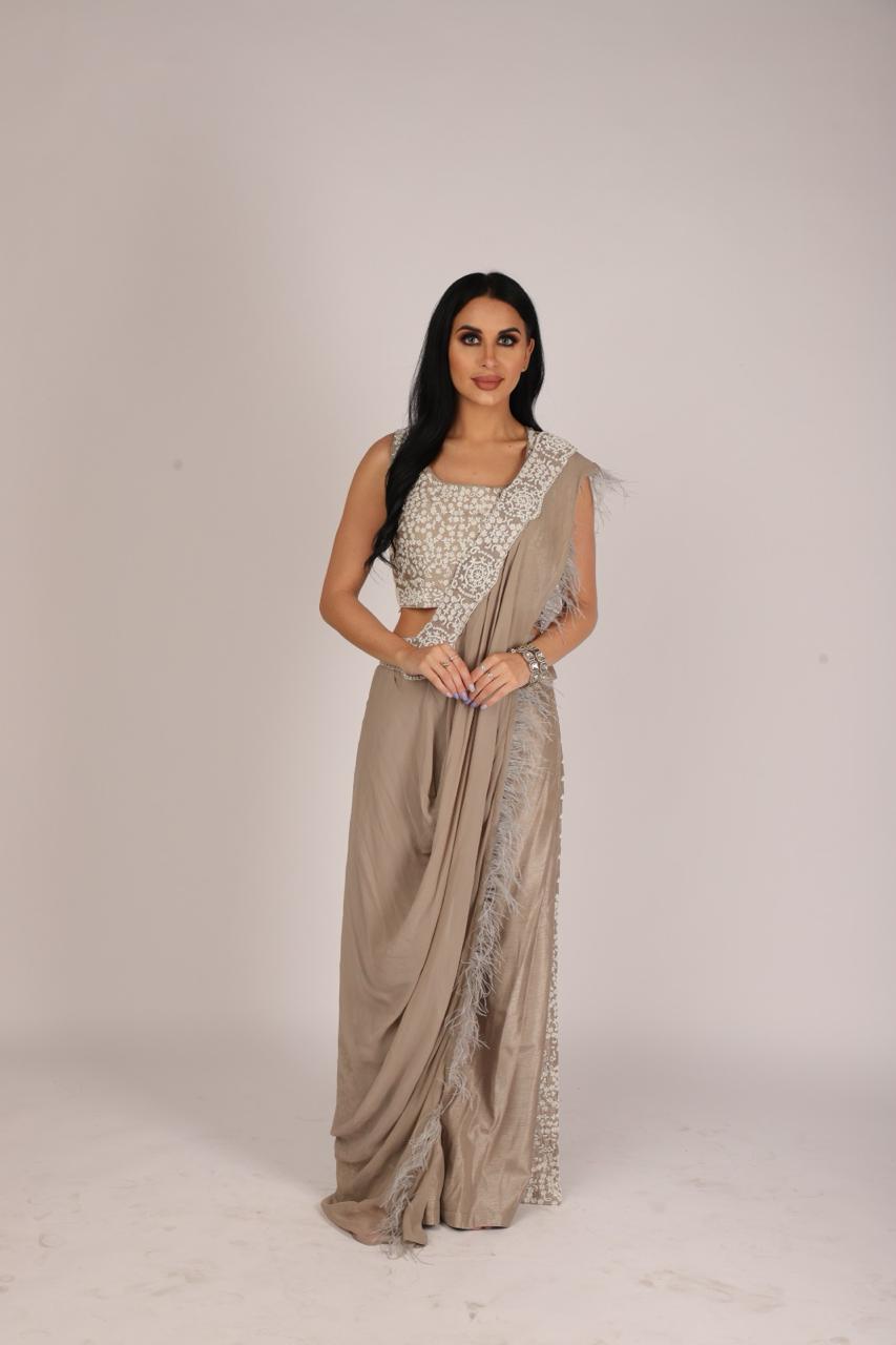 Mouse Color Pre-draped Palazzo Saree