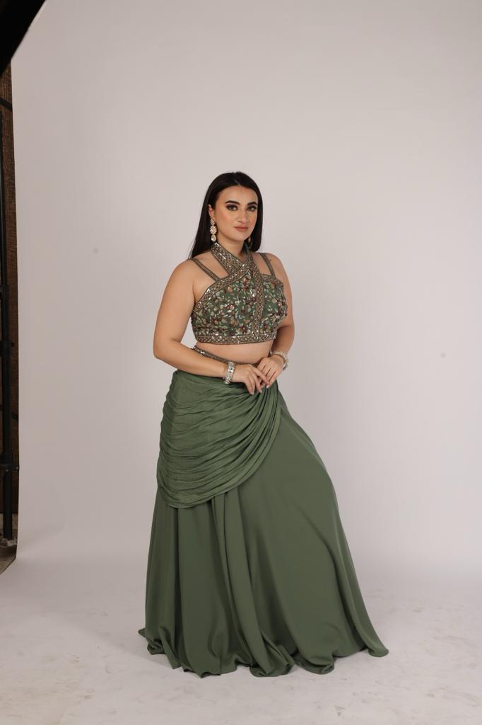 Glamorous Diva in Olive Green Draped Skirt with Cross Halter Bustier