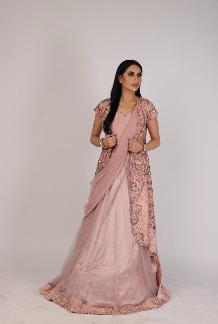 Stunning Blush Pink Draped Dress With an Asymmetrical Cape
