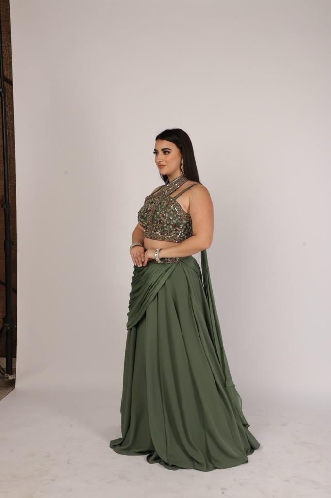 Glamorous Diva in Olive Green Draped Skirt with Cross Halter Bustier