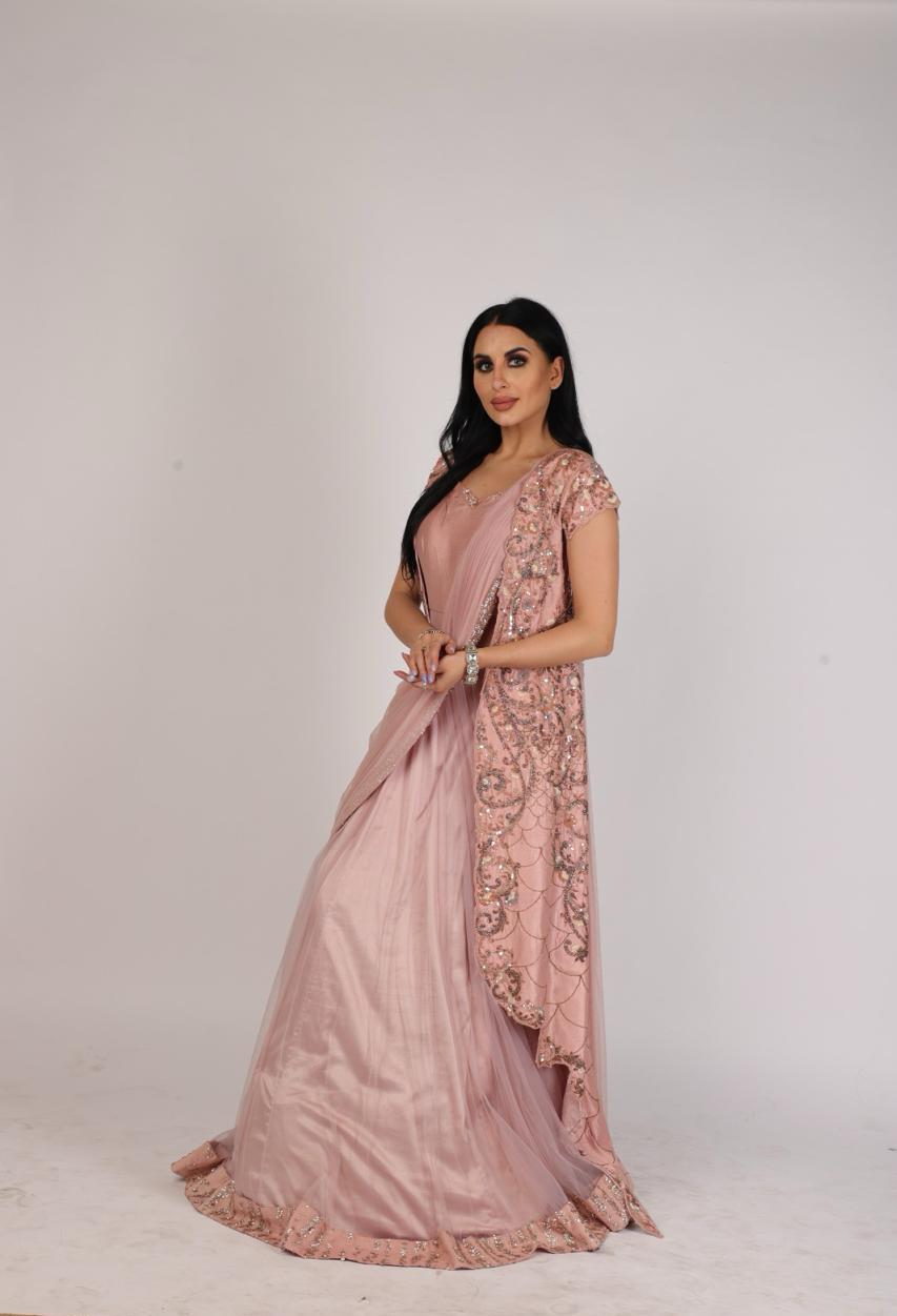 Stunning Blush Pink Draped Dress With an Asymmetrical Cape