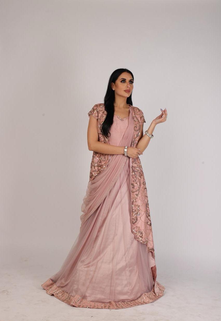 Stunning Blush Pink Draped Dress With an Asymmetrical Cape