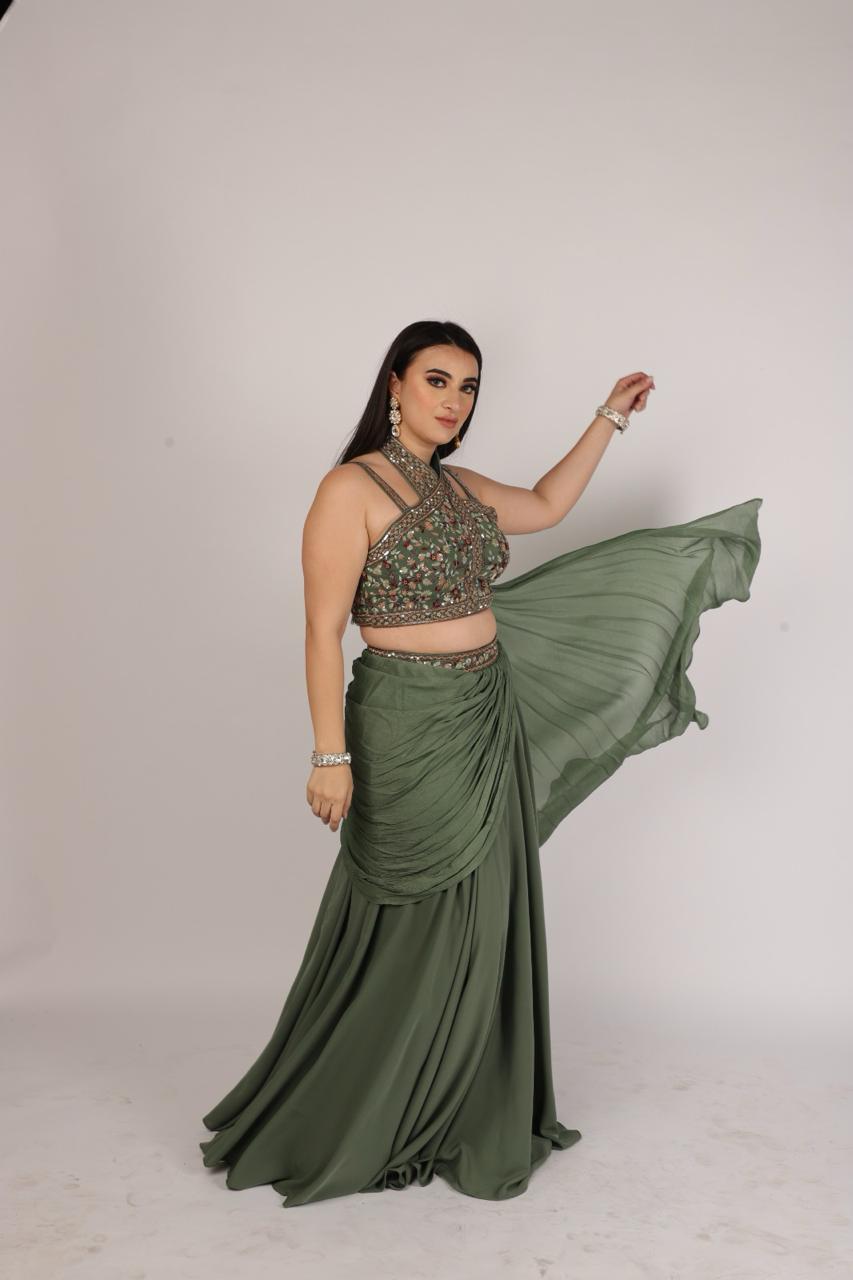 Glamorous Diva in Olive Green Draped Skirt with Cross Halter Bustier