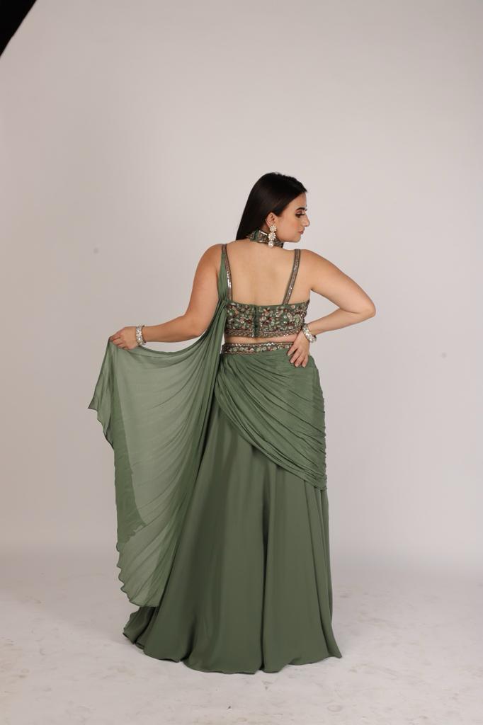 Glamorous Diva in Olive Green Draped Skirt with Cross Halter Bustier