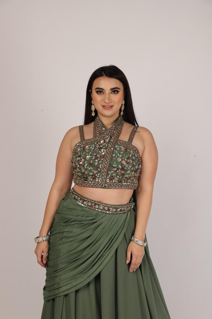 Glamorous Diva in Olive Green Draped Skirt with Cross Halter Bustier