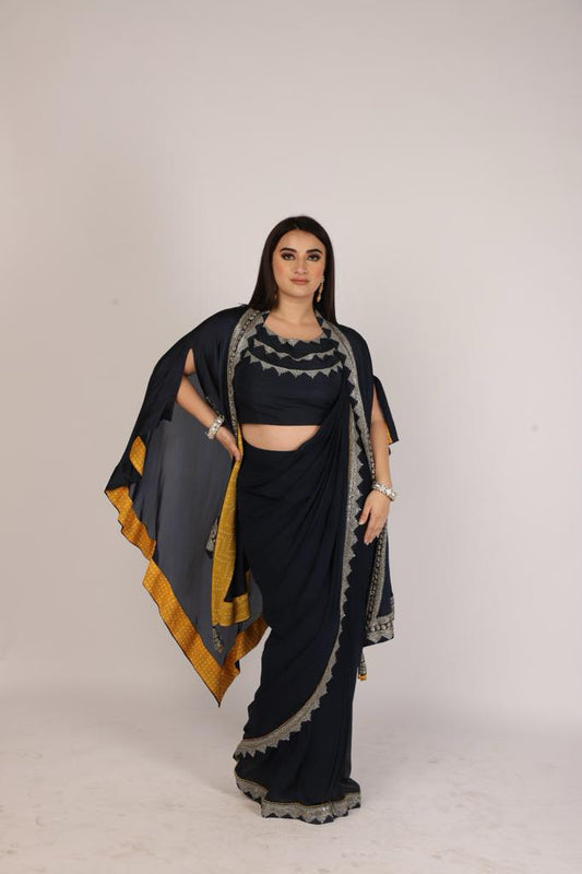 Enchanting Royal Blue Draped Saree with Cape