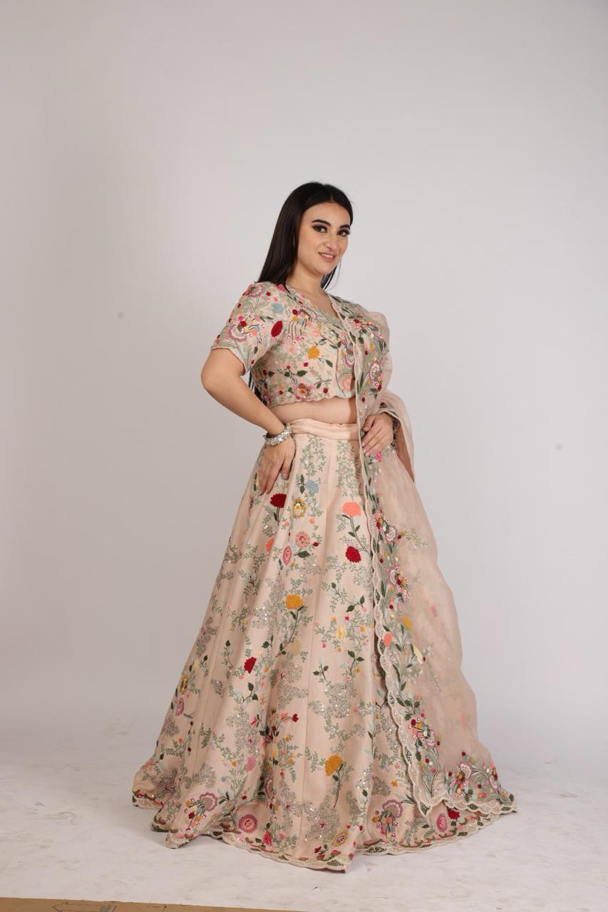 Surreal Nude Pink Silk Lehanga set with Floral Charm