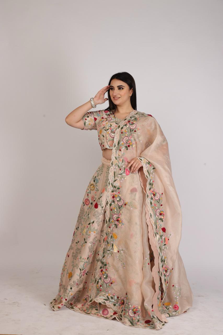 Surreal Nude Pink Silk Lehanga set with Floral Charm