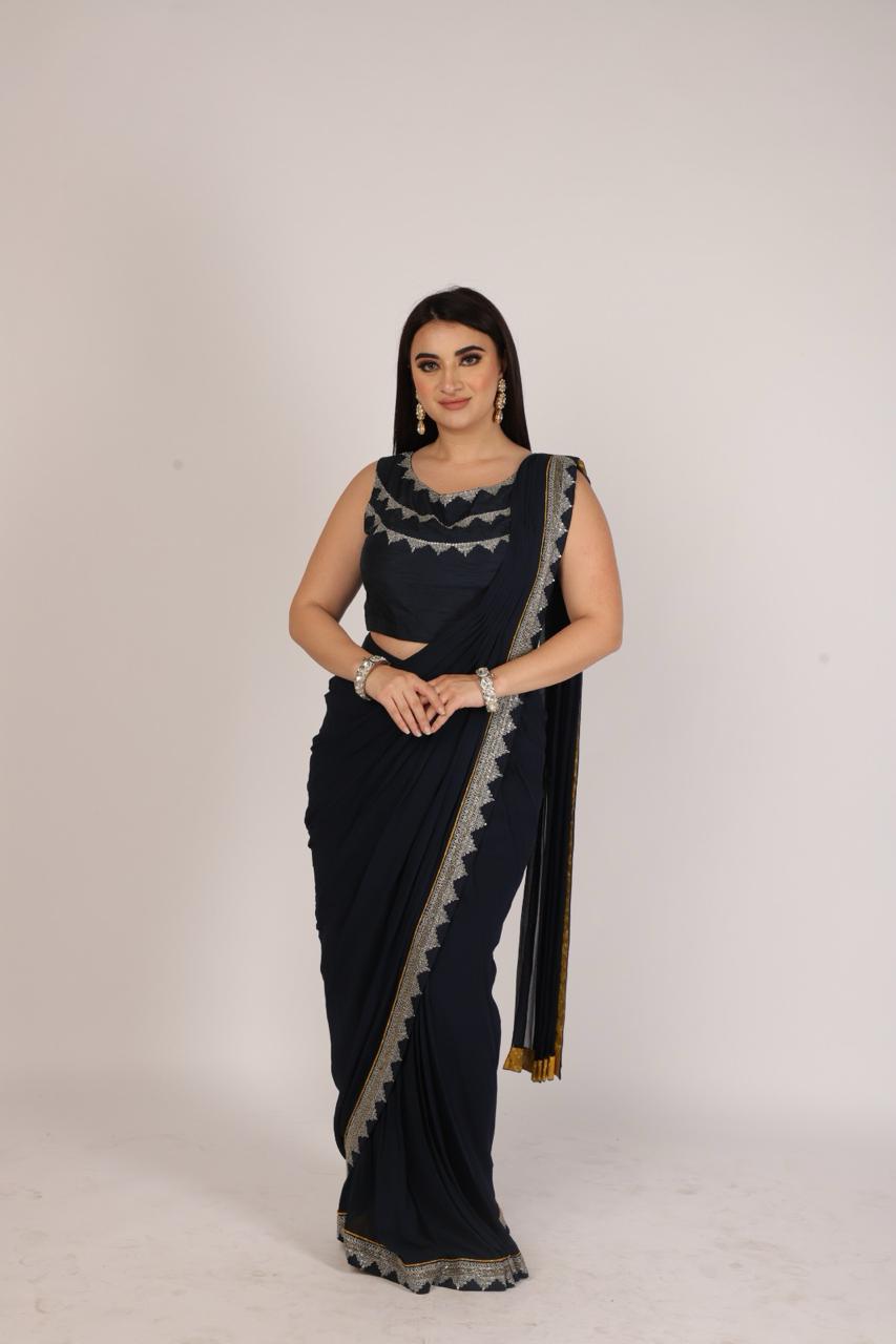 Enchanting Royal Blue Draped Saree with Cape