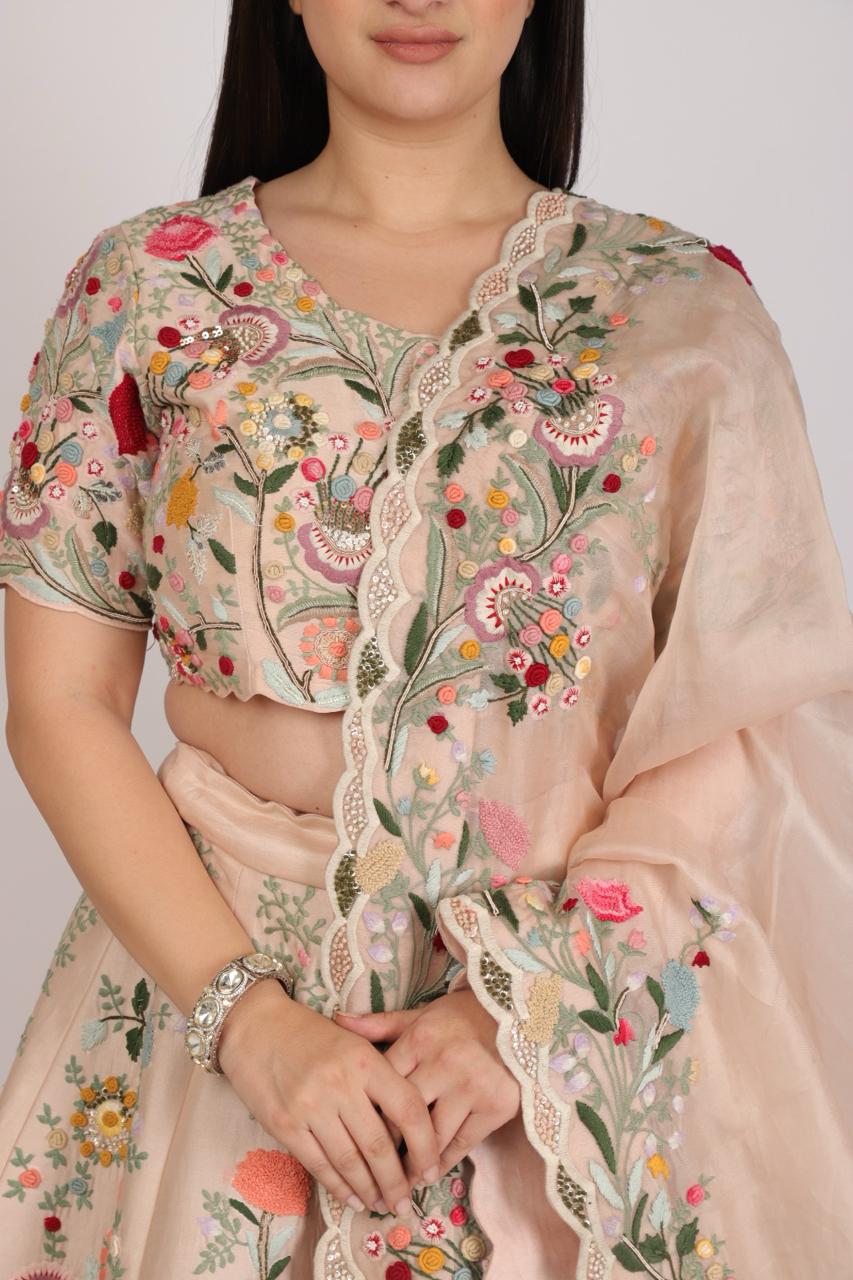 Surreal Nude Pink Silk Lehanga set with Floral Charm