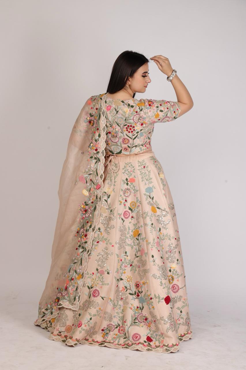 Surreal Nude Pink Silk Lehanga set with Floral Charm