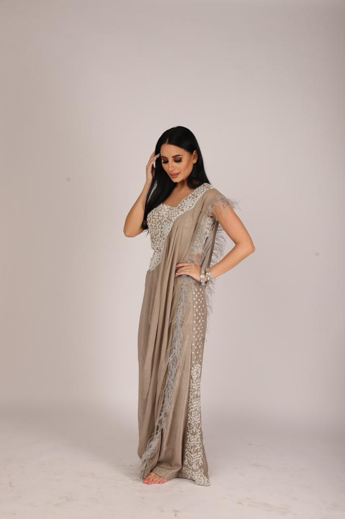Mouse Color Pre-draped Palazzo Saree