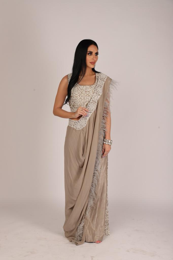 Mouse Color Pre-draped Palazzo Saree