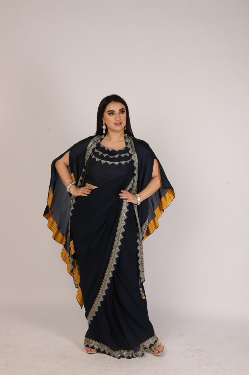 Enchanting Royal Blue Draped Saree with Cape
