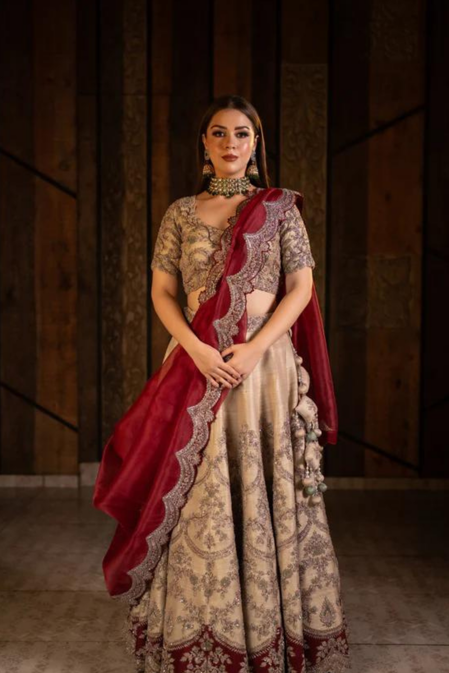 Golden Grandeur Attire With Maroon Cut Work Dupatta