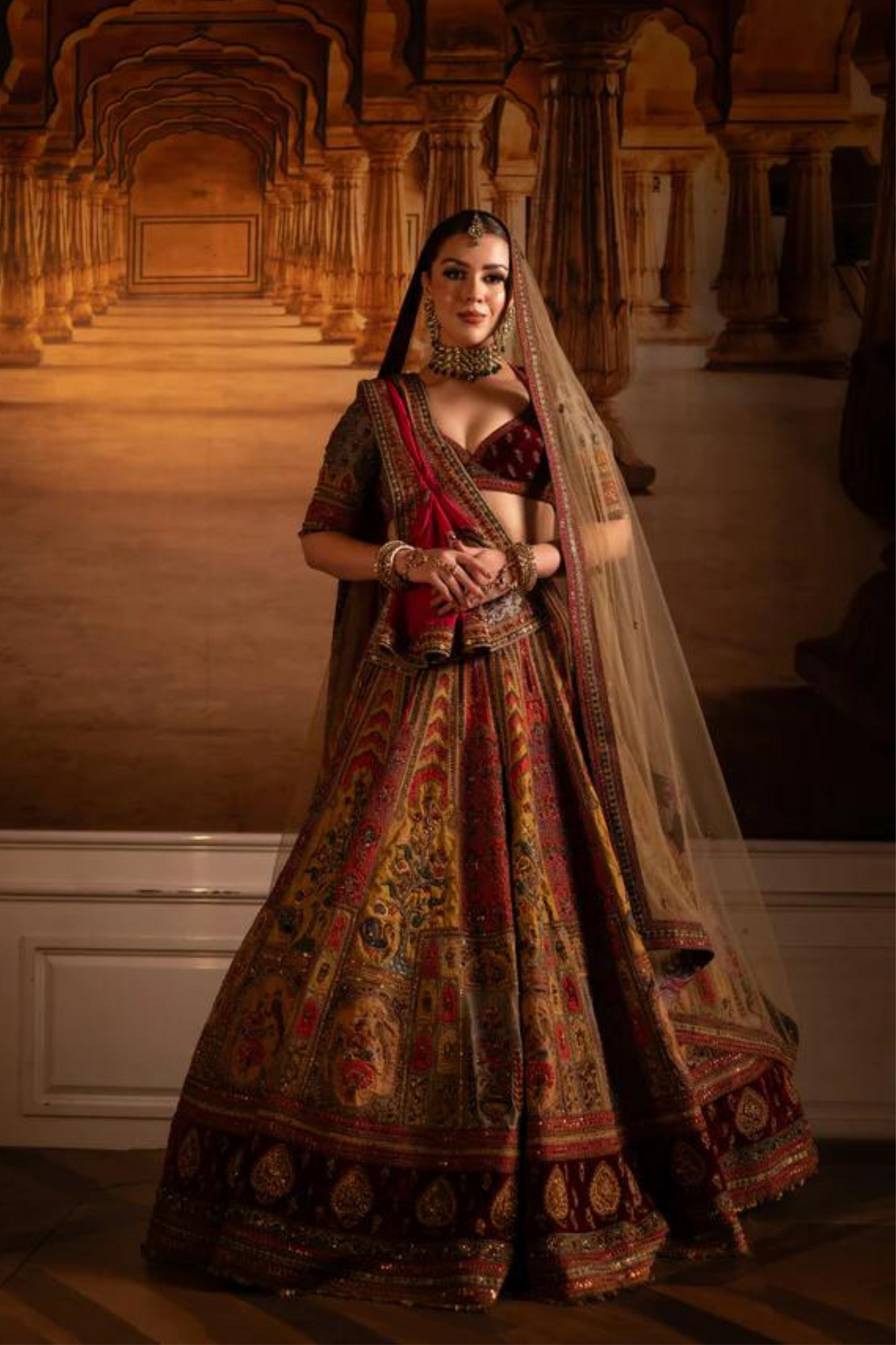 Bridal Lehenga with Mustard Blouse, Belt and Red Dupatta