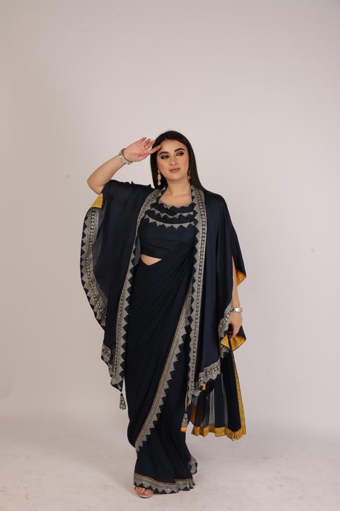 Enchanting Royal Blue Draped Saree with Cape