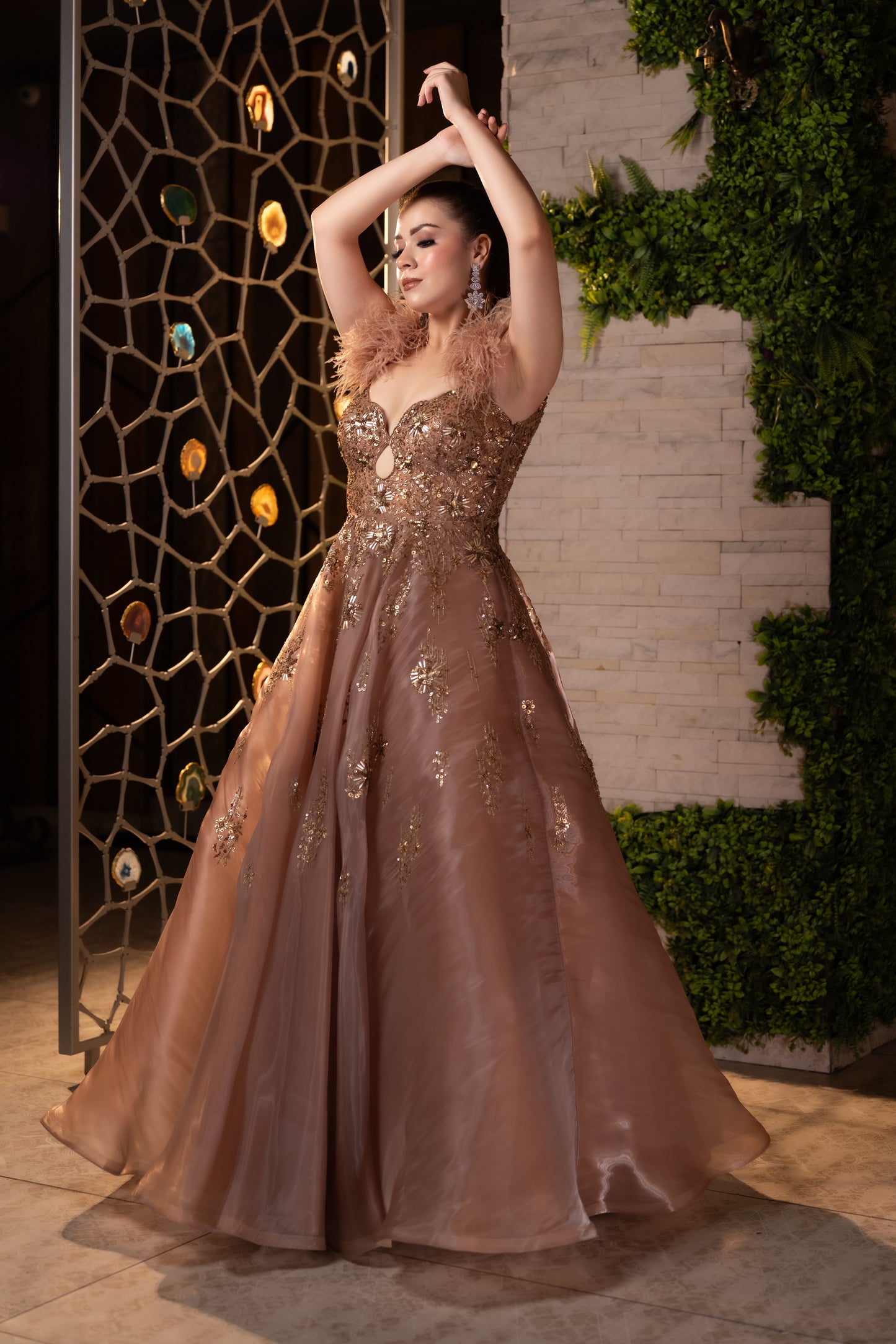 Glittering Copper Gold Gown Crafted from Delicate Organza