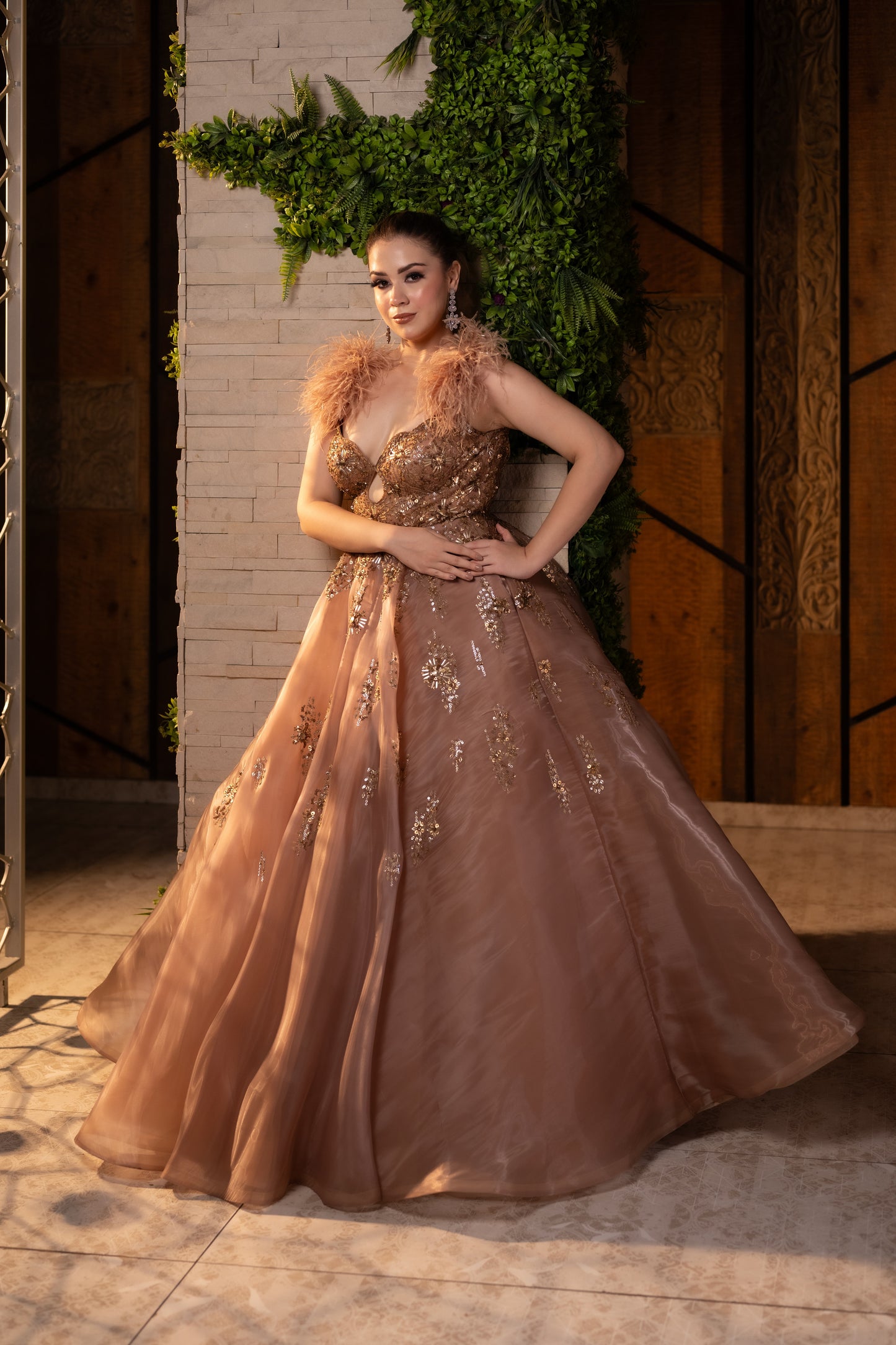 Glittering Copper Gold Gown Crafted from Delicate Organza