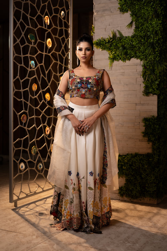 Floral Fusion in a Raw Silk Dress with Long Dupatta