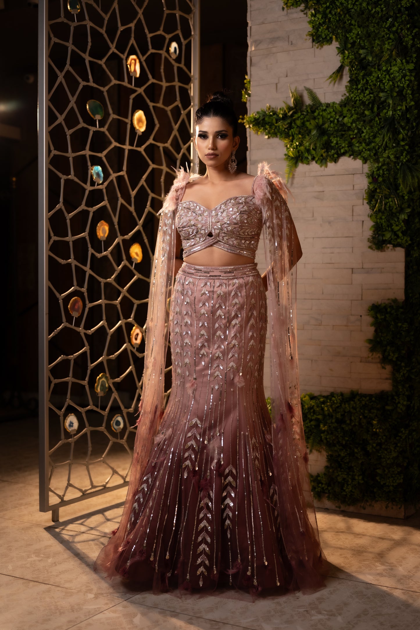 An Exotic Champagne Ombre Fish Cut Lehenga Set