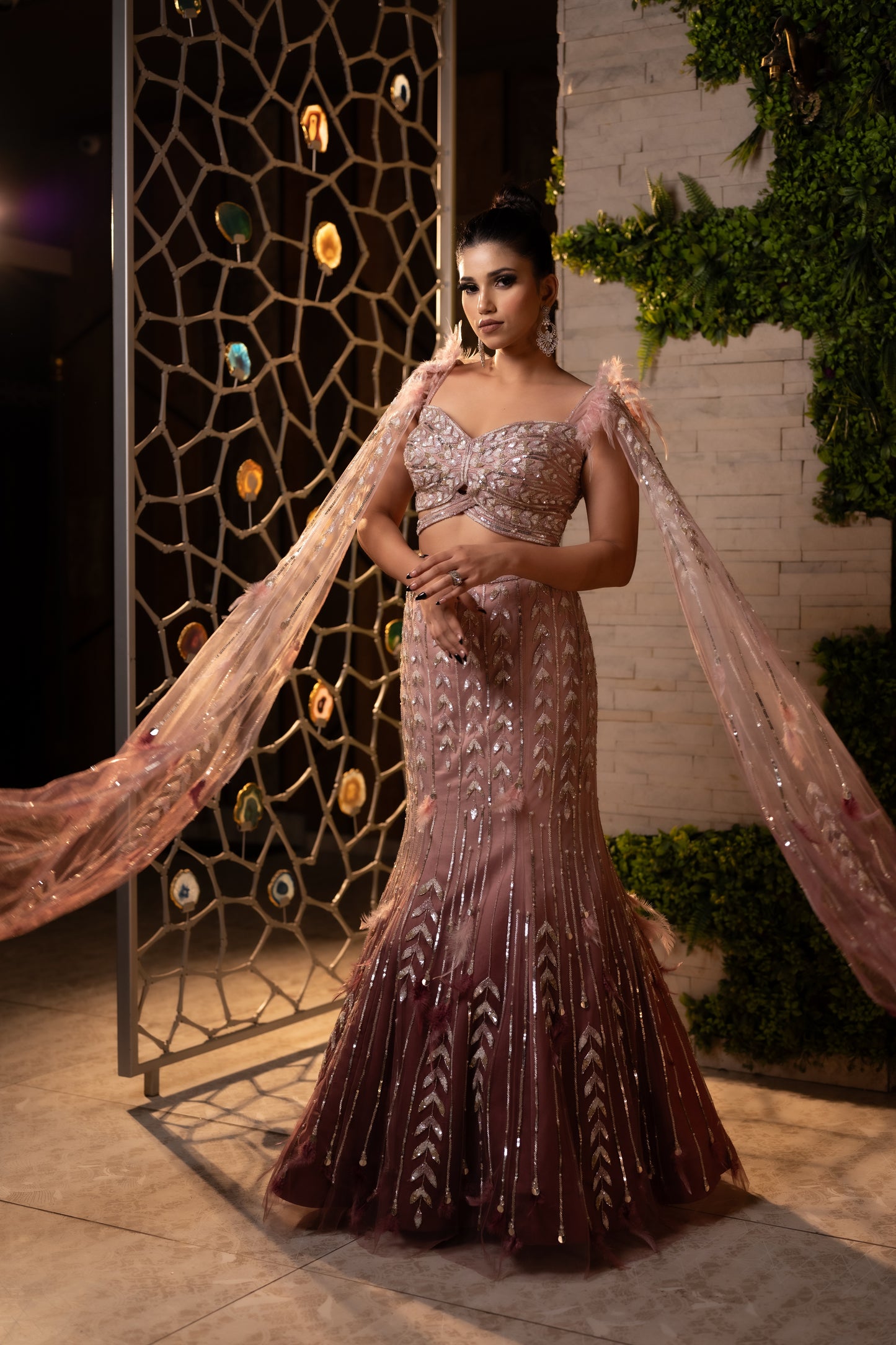 An Exotic Champagne Ombre Fish Cut Lehenga Set