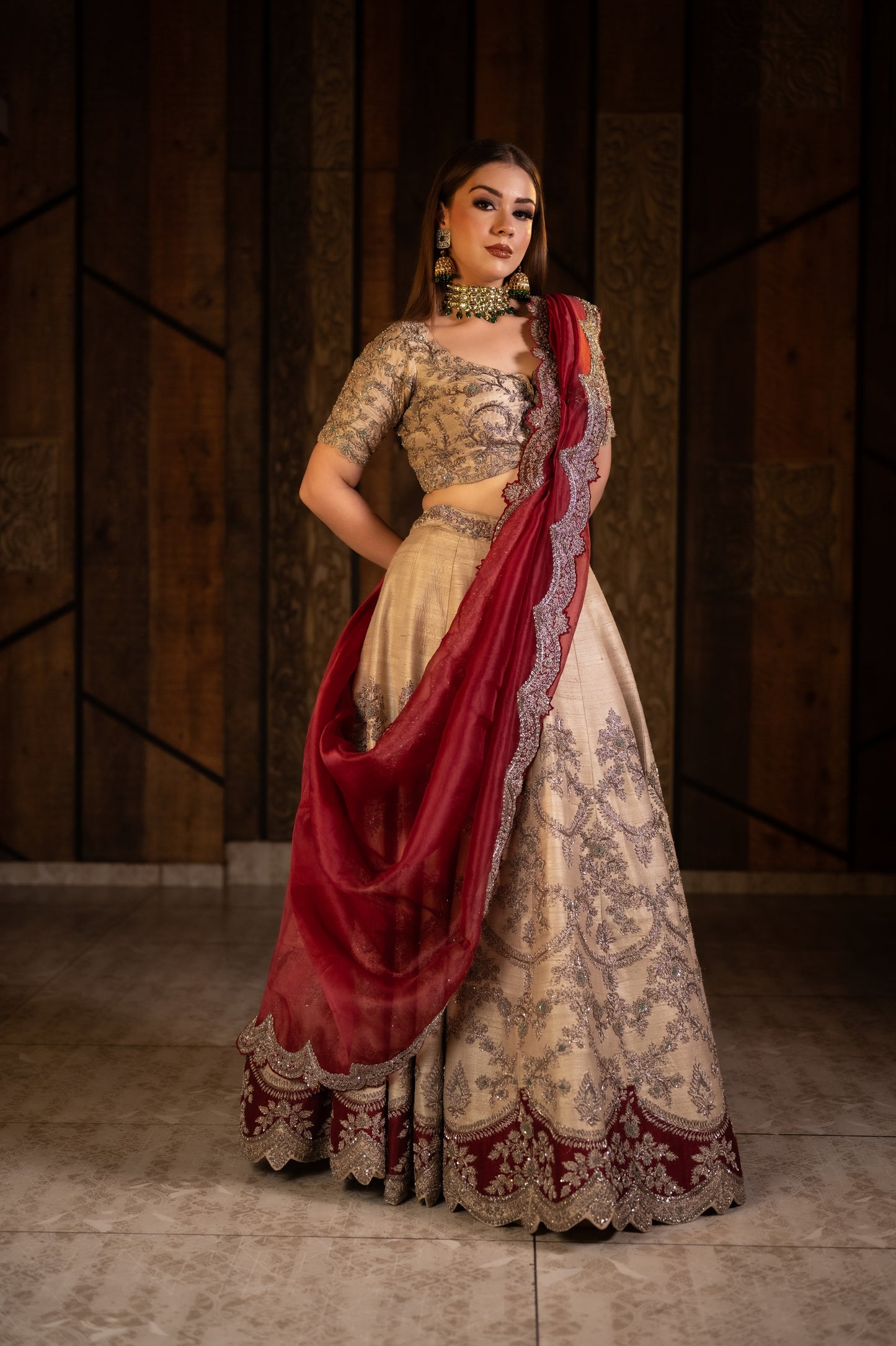 Golden Grandeur Attire With Maroon Cut Work Dupatta