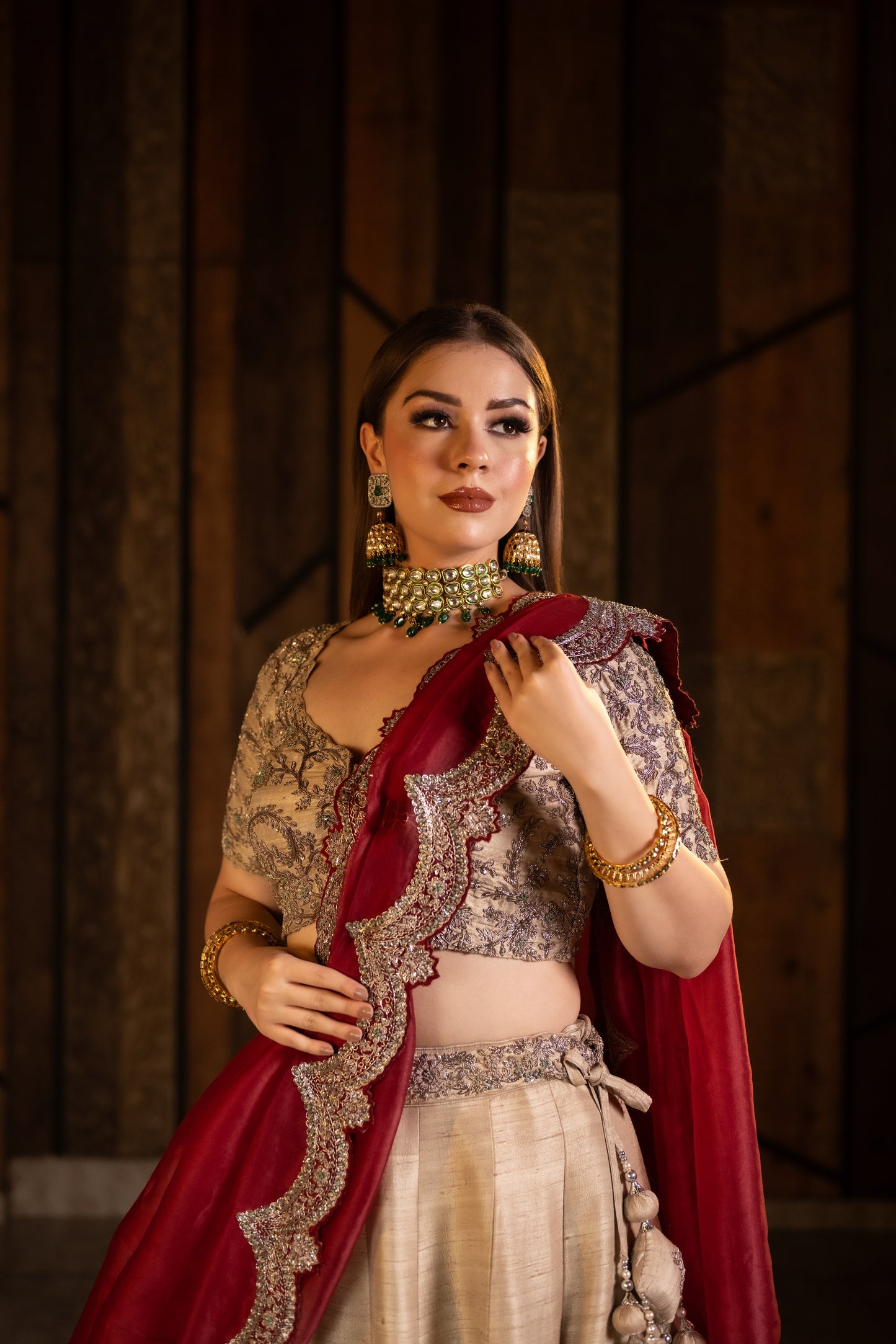 Golden Grandeur Attire With Maroon Cut Work Dupatta