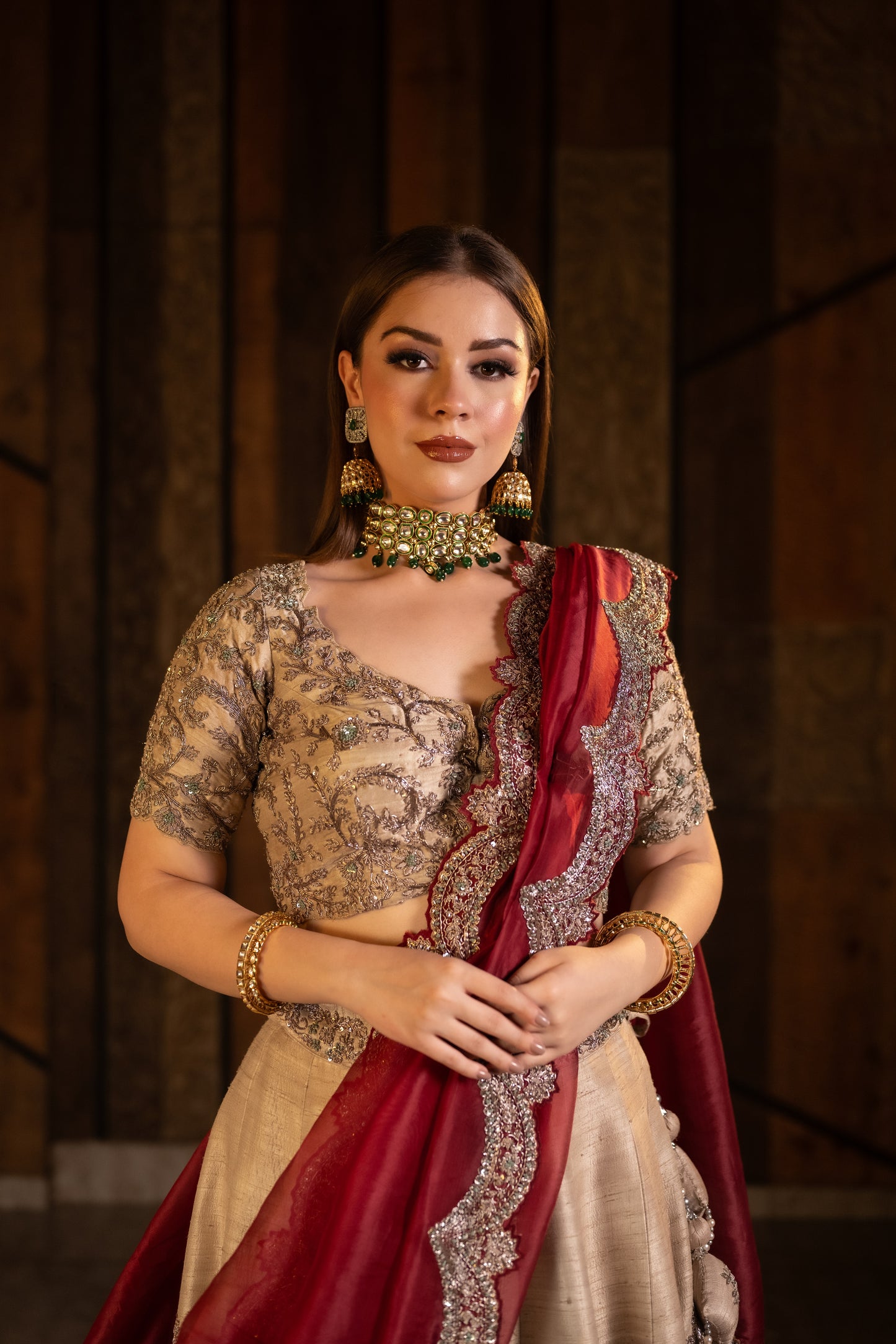 Golden Grandeur Attire With Maroon Cut Work Dupatta