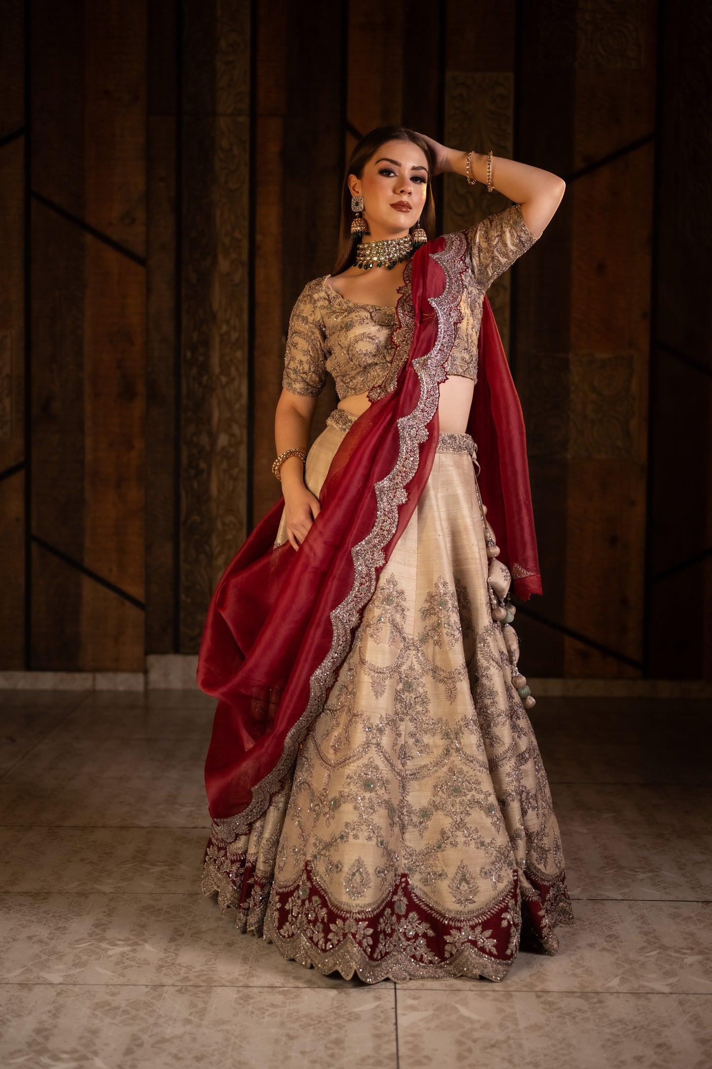 Golden Grandeur Attire With Maroon Cut Work Dupatta