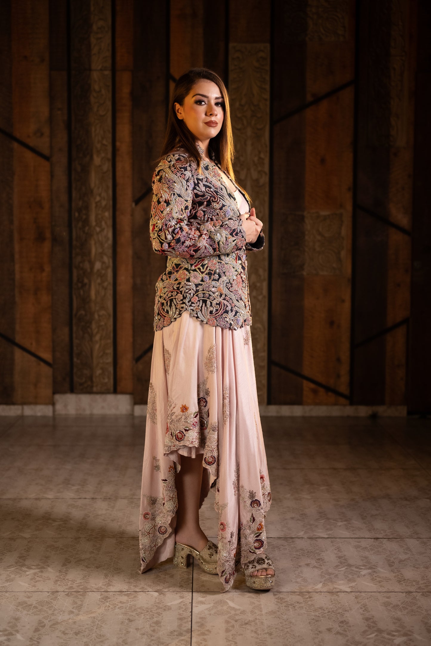 Zardozi Asymmetrical Gown with Luxurious Raw Silk Black Jacket