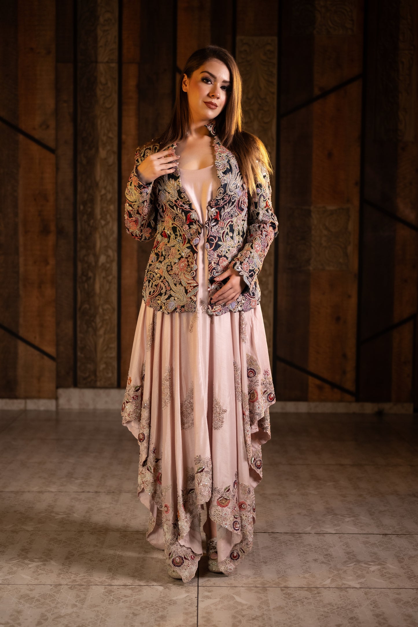 Zardozi Asymmetrical Gown with Luxurious Raw Silk Black Jacket