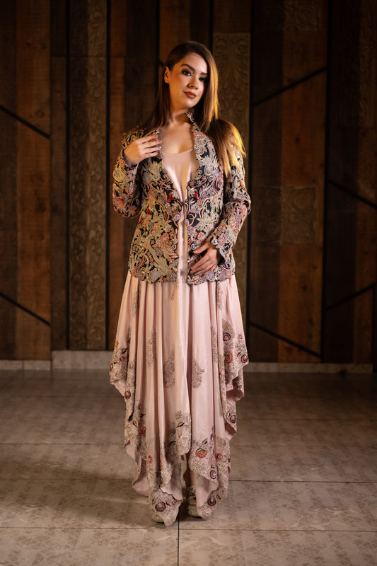 Zardozi Asymmetrical Gown with Luxurious Raw Silk Black Jacket