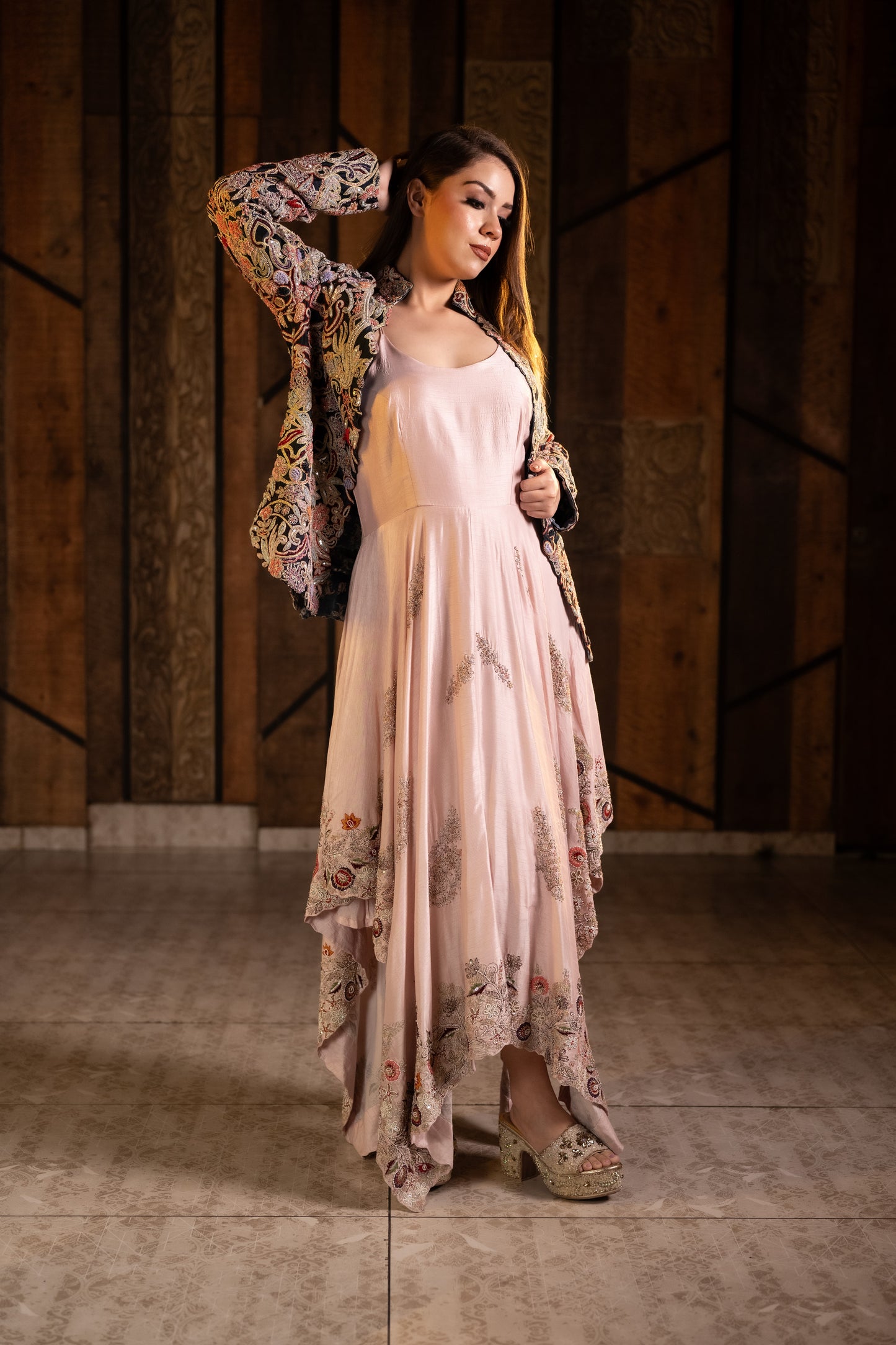 Zardozi Asymmetrical Gown with Luxurious Raw Silk Black Jacket