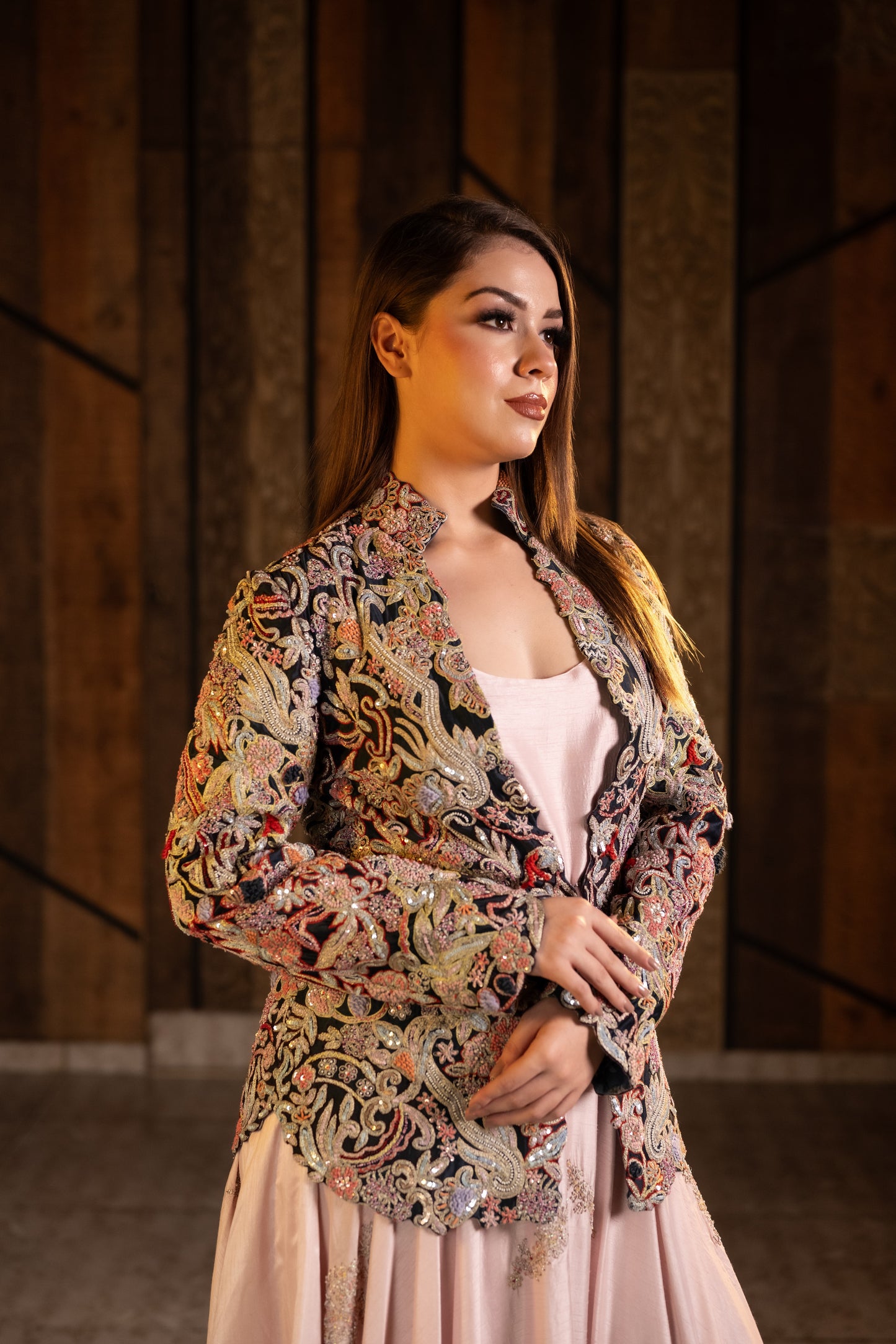 Zardozi Asymmetrical Gown with Luxurious Raw Silk Black Jacket