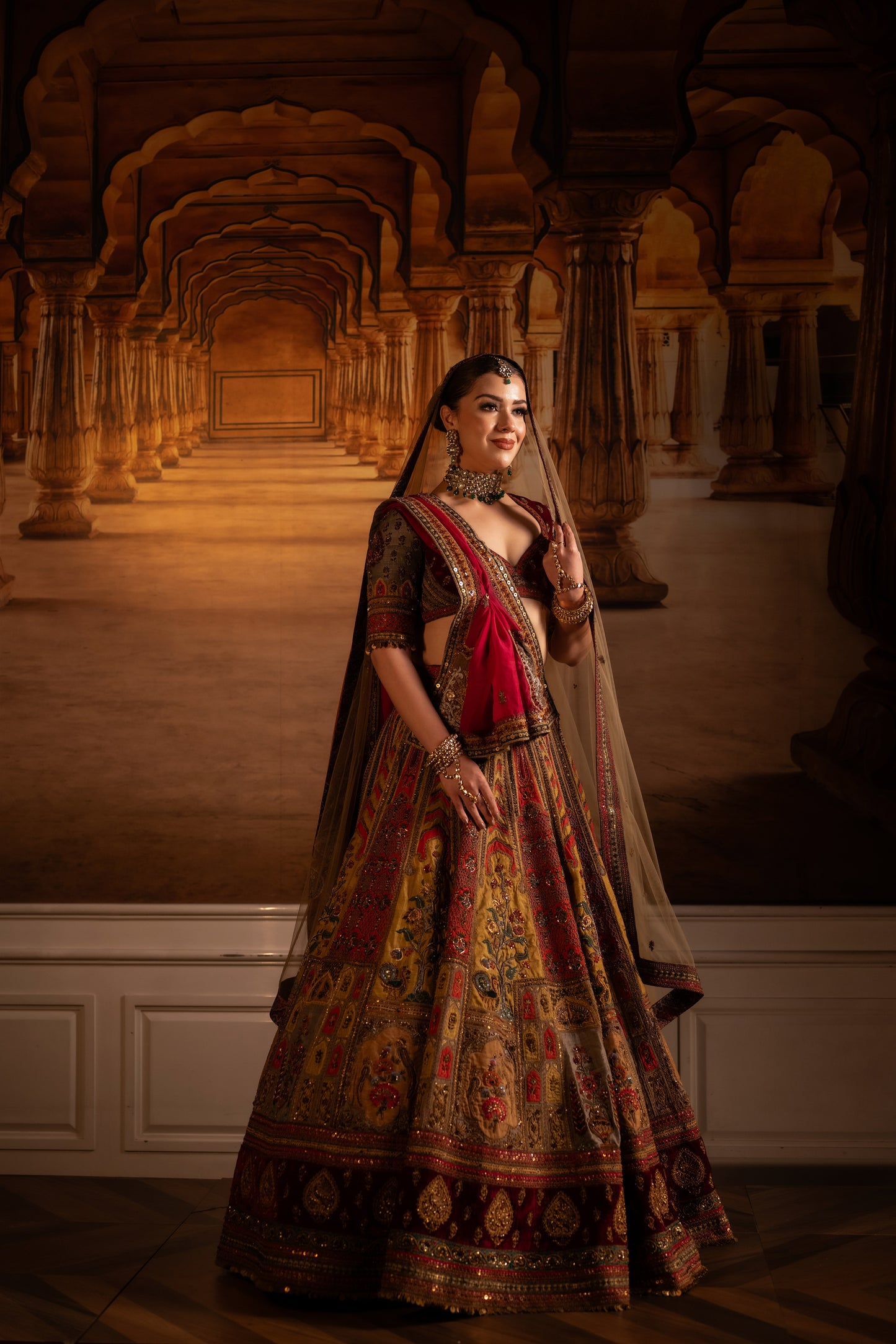 Bridal Lehenga with Mustard Blouse, Belt and Red Dupatta