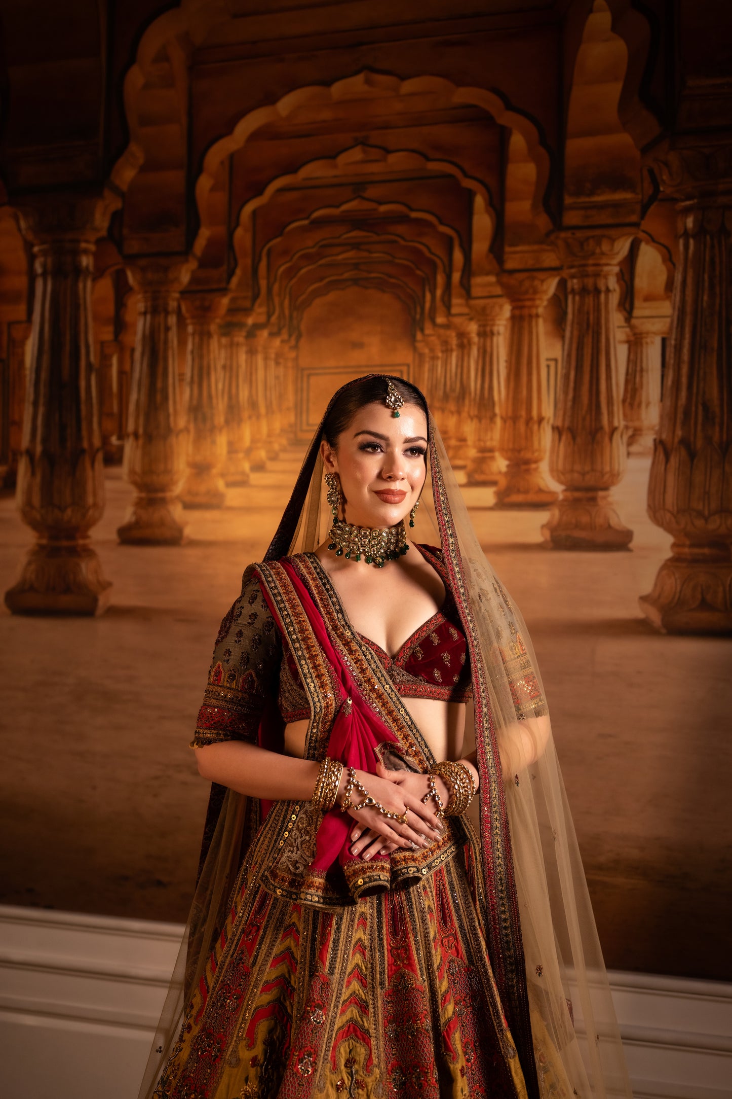 Bridal Lehenga with Mustard Blouse, Belt and Red Dupatta