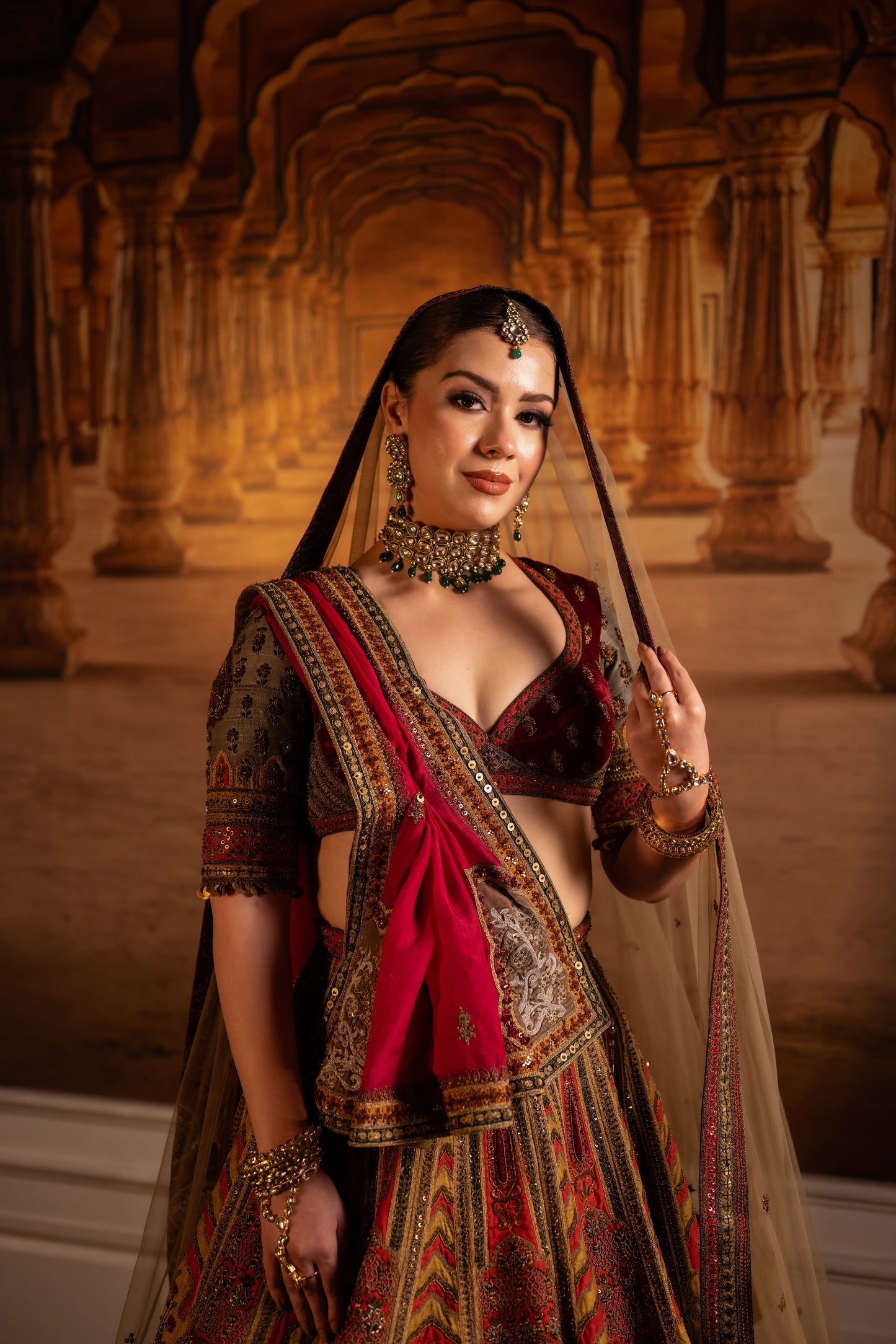 Bridal Lehenga with Mustard Blouse, Belt and Red Dupatta