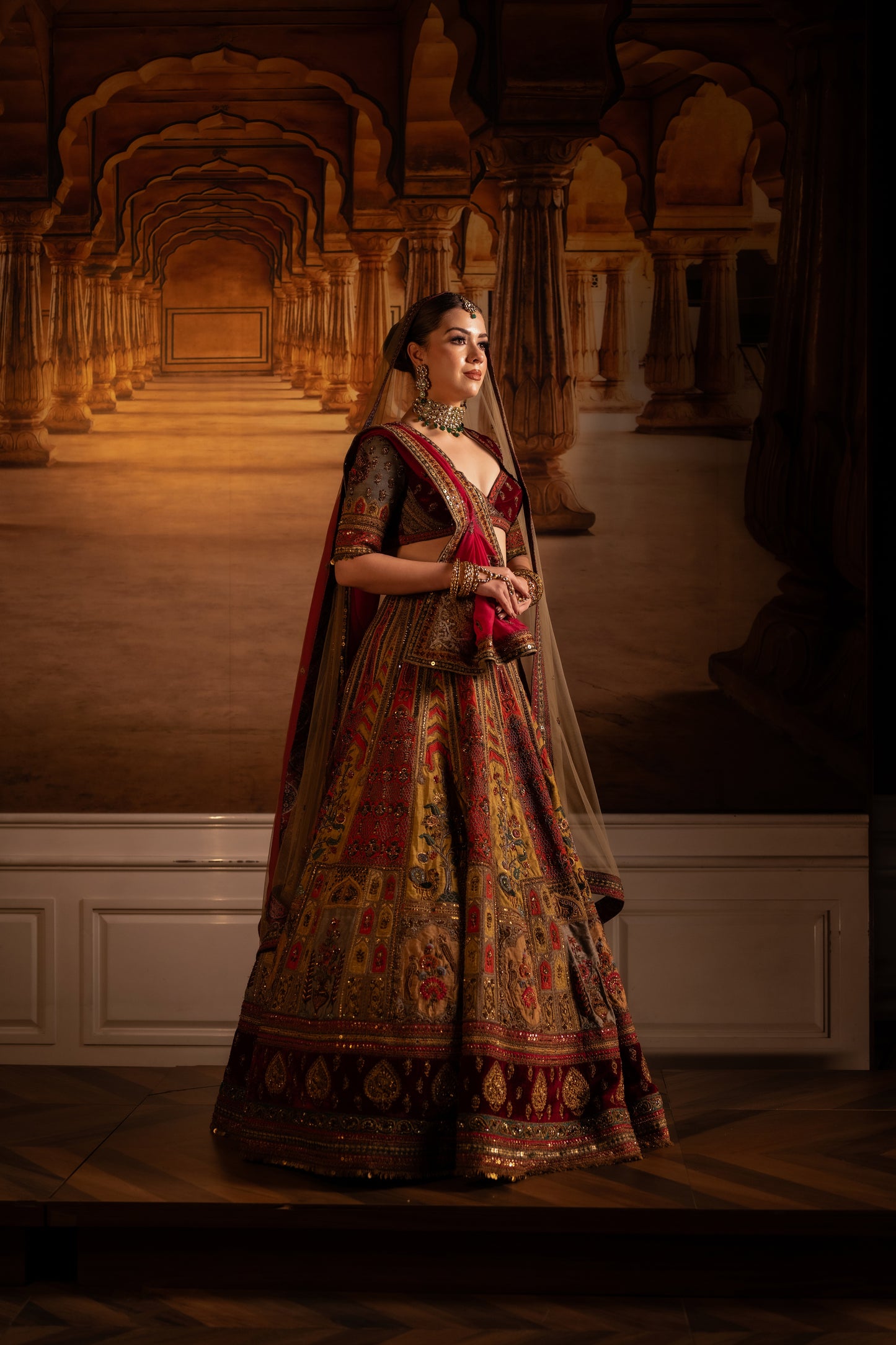 Bridal Lehenga with Mustard Blouse, Belt and Red Dupatta