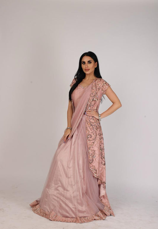 Stunning Blush Pink Draped Dress With an Asymmetrical Cape