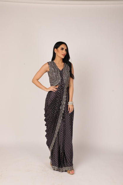 Indigo Blue Pre-Draped Saree in Satin