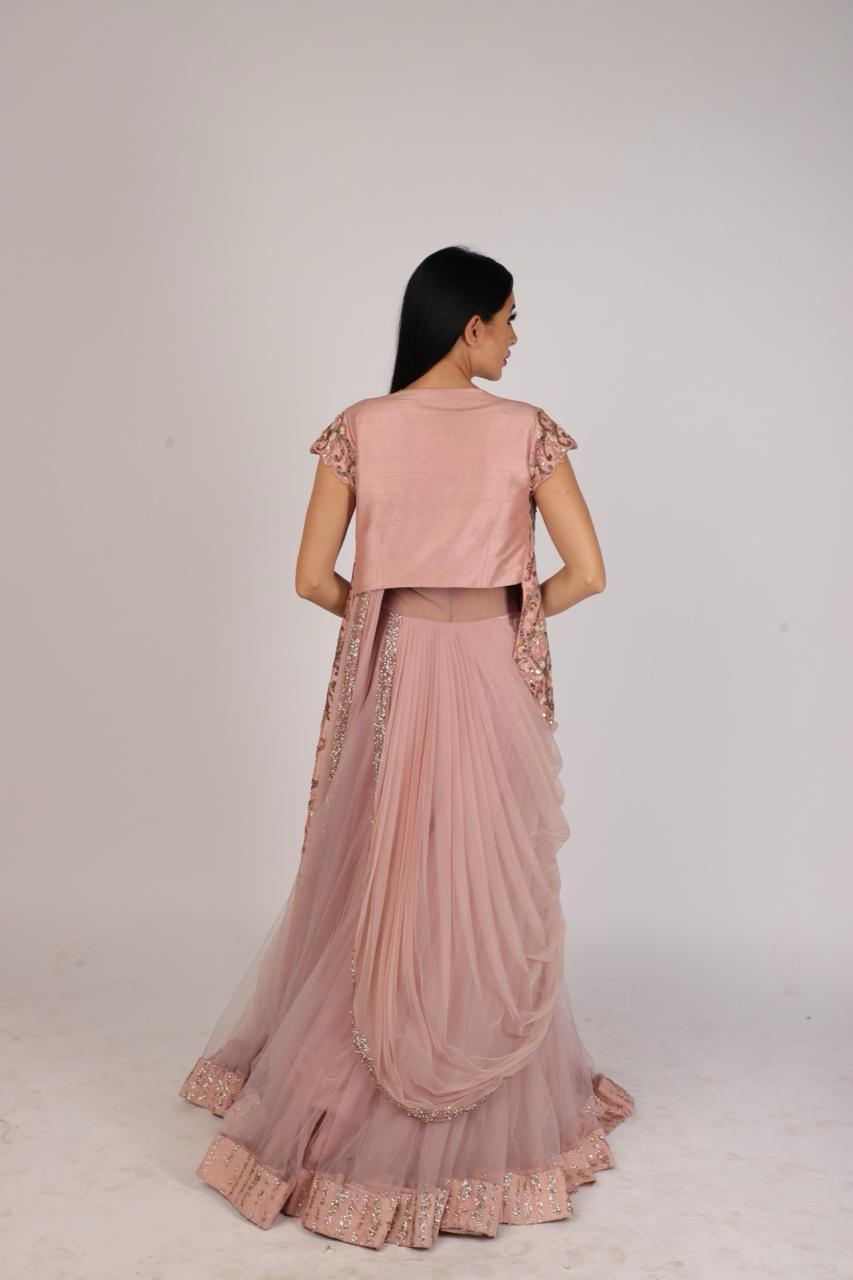 Stunning Blush Pink Draped Dress With an Asymmetrical Cape