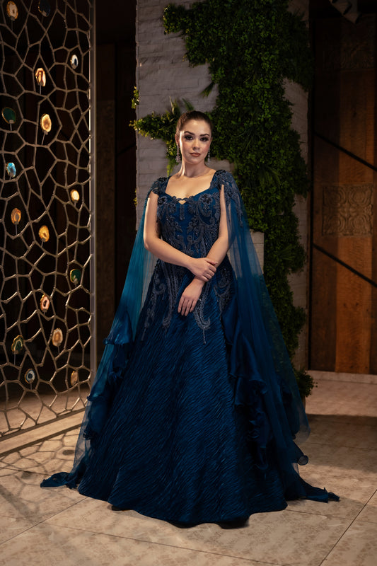 Royal Blue Organza Gown with Ruffled Dupatta
