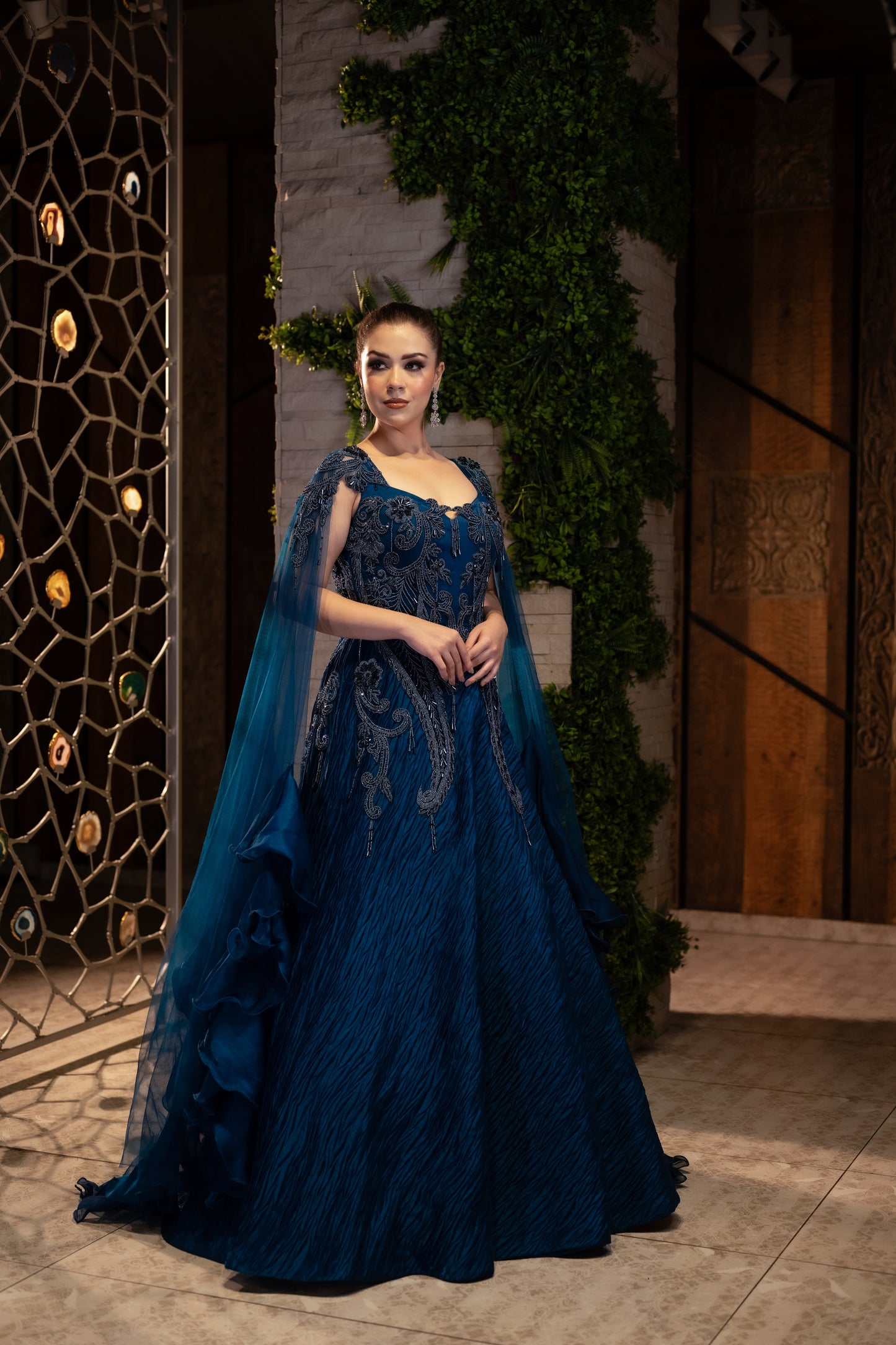 Royal Blue Organza Gown with Ruffled Dupatta