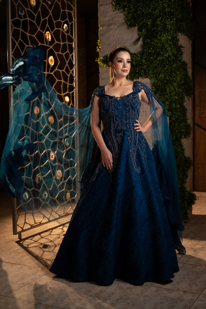 Royal Blue Organza Gown with Ruffled Dupatta