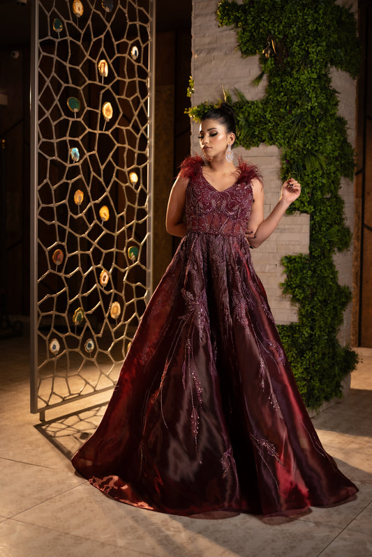 A Tale of Burgundy Bliss Organza Base Gown