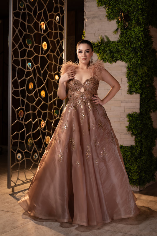 Glittering Copper Gold Gown Crafted from Delicate Organza