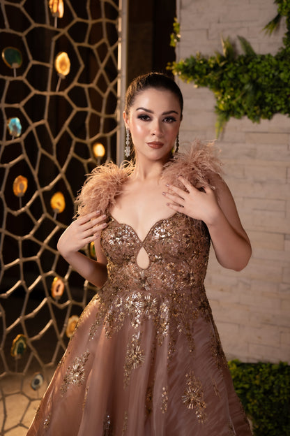 Glittering Copper Gold Gown Crafted from Delicate Organza