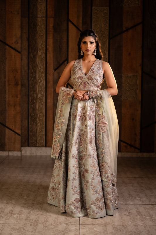 A Symphony of Tradition in Ice Mint Green Organza Lehenga